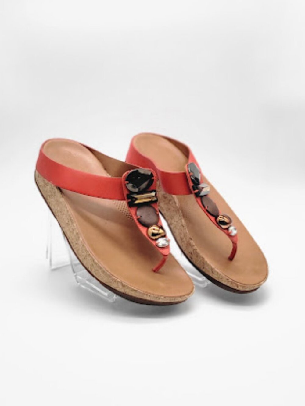 FITFLOP Red Thong Wedge Sandals Size 9 Cork Platform Metallic Embellished GUC
